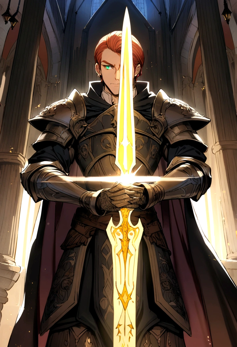 1 medieval man in large armor with black cape, en una mazmorra estilo d&d, / (The appearance is of a mature man with very short hair style "Comb over cut" redhead with yellow highlights with Heterochromia blue eyes and green eyes), with a gigantic and shiny sword in his hands, the stage is full of particles emanating from the sword