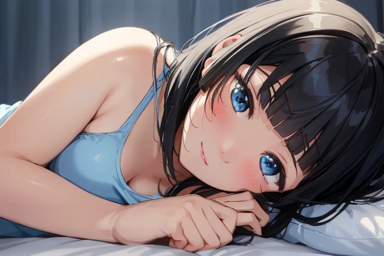 masterpiece、Highest quality、1 female、Very detailed　Black Hair、Blunt bangs　blue eyes、Detailed depiction of the eyes　smile、blush　Tank top　Face is close、Face close-up、Bring your face closer　Sheetに寝転がる、Lie down　Sheet