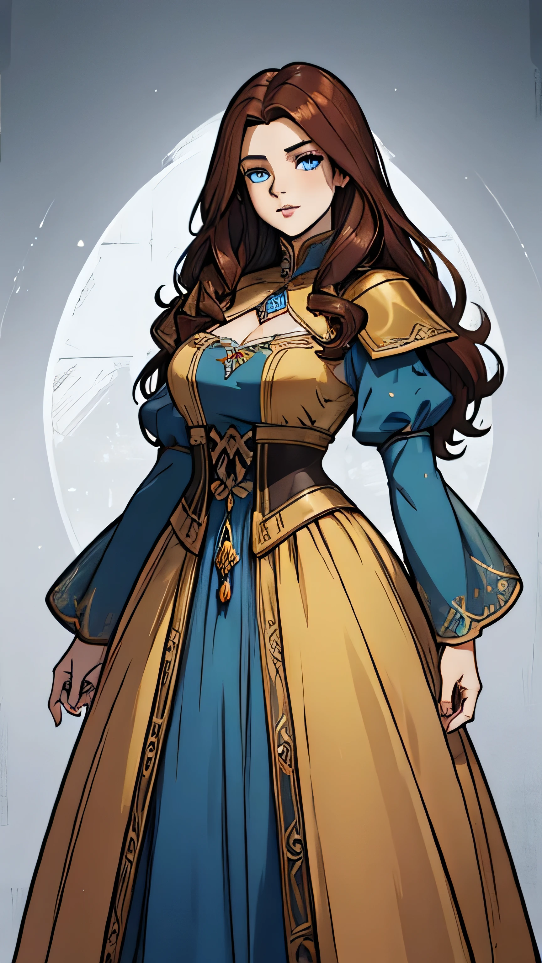 dark auburn hair, ice blue eyes, long hair, medieval fantasy character, flowing hair, full lips, yellow dress, girdle, beautiful face, 8k, masterpiece, elegant, medieval fantasy dress, ager,, best quality, hi-res, hi-resolution,