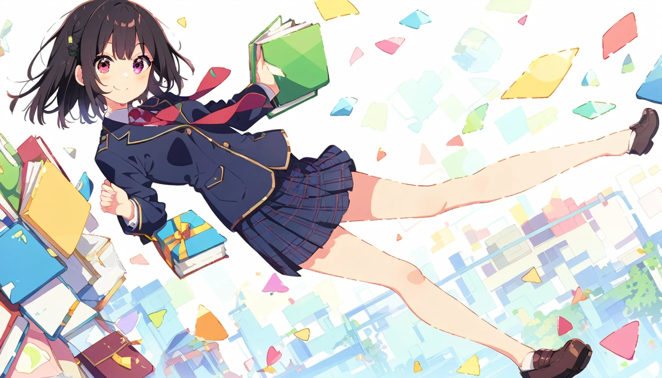 A girl standing smiling in a blazer uniform, with short black hair, a checkered skirt and brown loafers, from head to toe