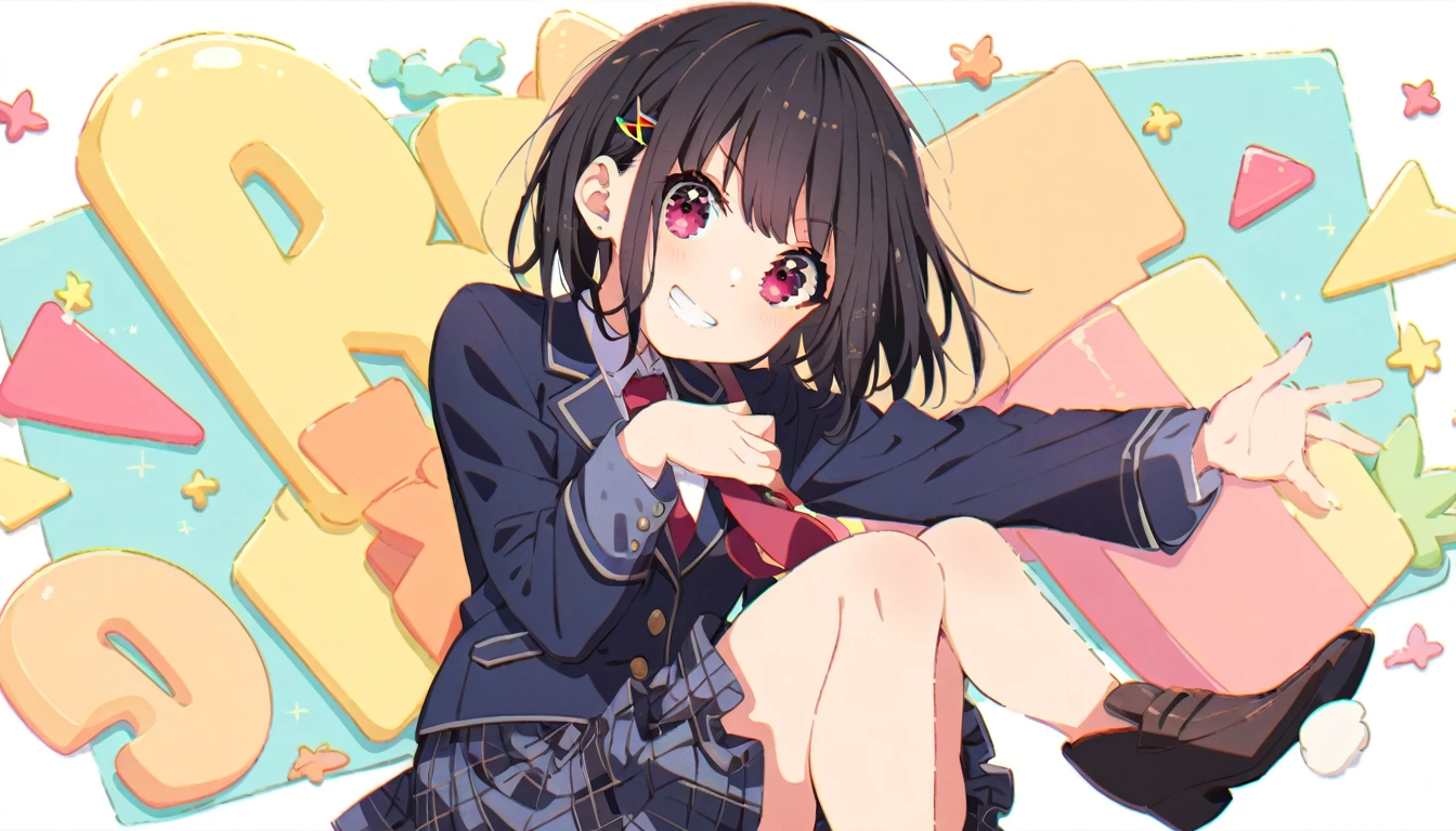 A girl standing smiling in a blazer uniform, with short black hair, a checkered skirt and brown loafers, from head to toe