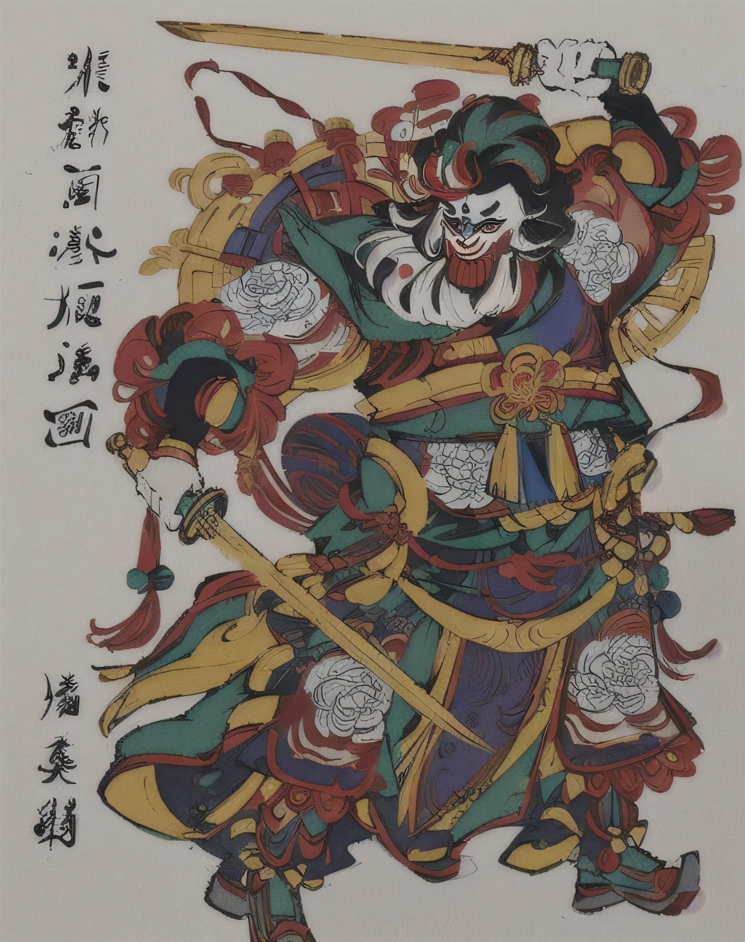 Close-up of a clown holding a sword, chinese warrior, Inspired by Hu Zaobin, Chinese Mythology, inspired by Guan Daosheng, Traditional Chinese Art, Inspired by Lu Guang, inspired by Shen Quan, inspired by Yang Buzhi, Inspired by Lee Jung-jin, Inspired by Wu Bin, inspired by Sheng Maoye