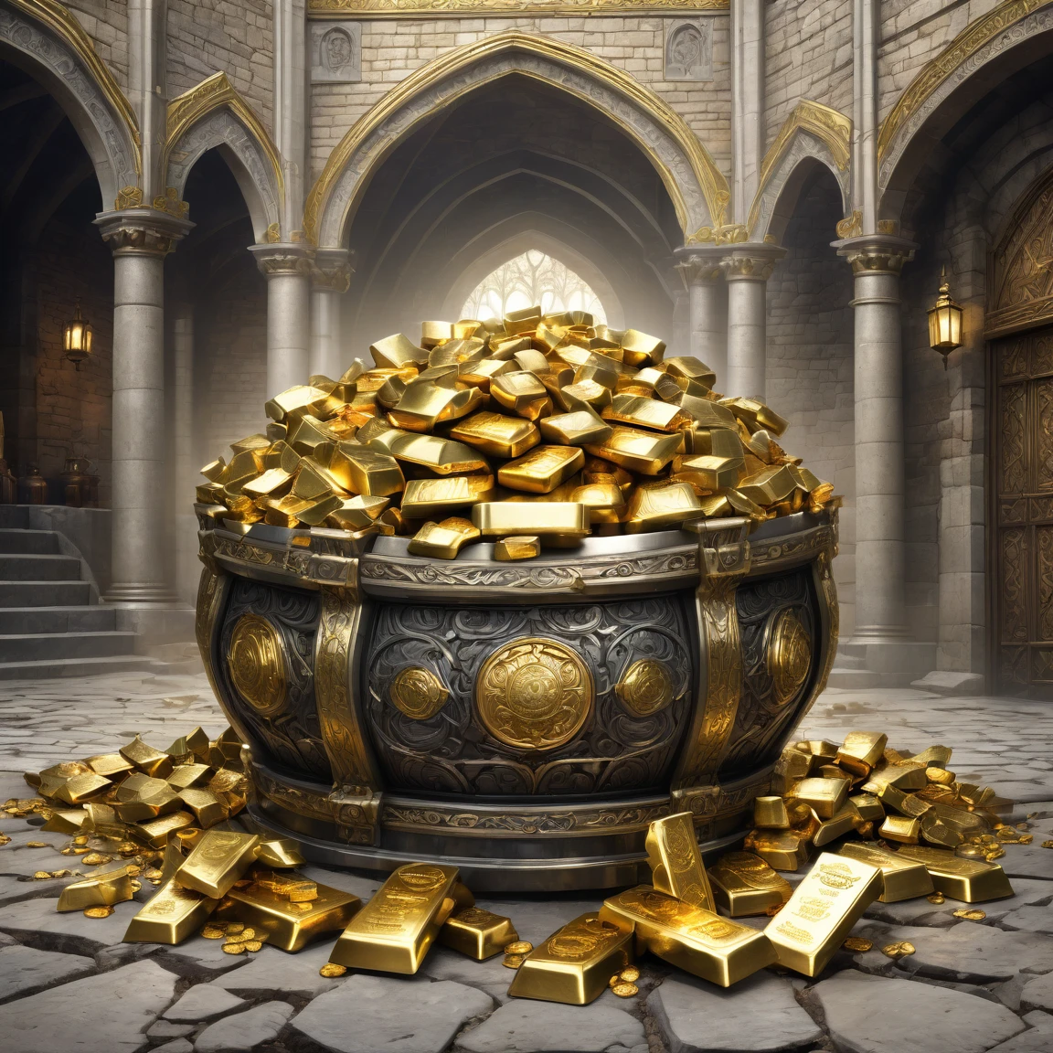 ((best quality)), ((masterpiece)), ((realistic,digital art)), (hyper detailed), (bank with gold ingots), ground view, (medieval fantasy style)