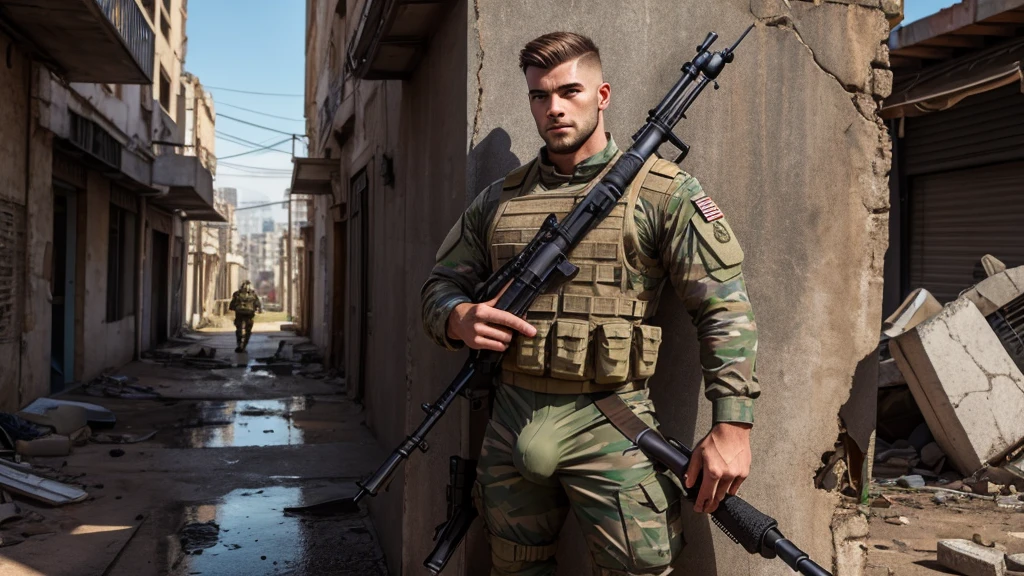 A handsome muscular male, mid fade haircut, with nice not too big dick bulge in crotch area in combat uniform holding a sniper rifle to this side leaning towards a wall in ruined city background. full body shot, in landscape mode