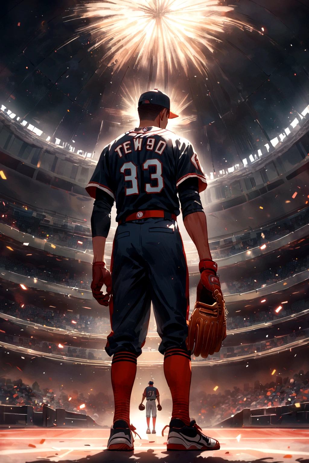 Boys,Attractive temperament,Baseball uniforms,Crooked baseball cap,Please wear a baseball glove on your right hand,Baseball glove in left hand,Back view,court