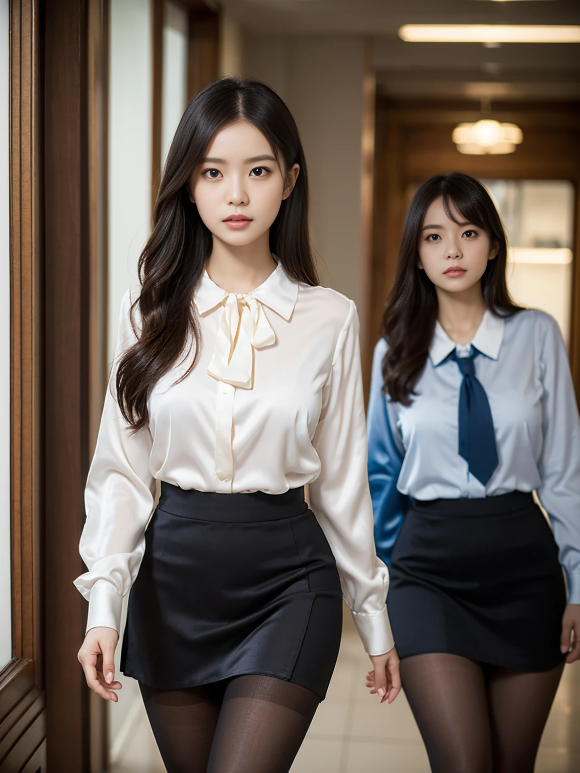 Classy upper class elite secretary in luxury silk blouse, Skirt and thighs、27 years old、height 162cm、Walking down the hallway、Office uniform, (Wearing pantyhose,Realistic pantyhose)、Working in the office、Wearing an ultra-thin satin blouse, Wear high-quality high heels、 Girl in blouse, Wearing an elegant blouse, When you wear a very thin blouse, Businessman, Blouse and skirt, Wearing a silk blouse, Wear a shirt and skirt, RAW Photos, (8K、Highest quality、masterpiece:1.2)、(Intricate details:1.4)、(Photorealistic:1.4)、Octane Rendering、Complex 3D rendering with ultra-detail, Soft studio light, Rim Light, Vivid details, Super Detail, Realistic skin textures, Face in detail, Beautiful details in the eyes, Highly detailed CG Unity 16k wallpaper, compensate, (Detailed Background:1.2), Exposed thighs!!!
