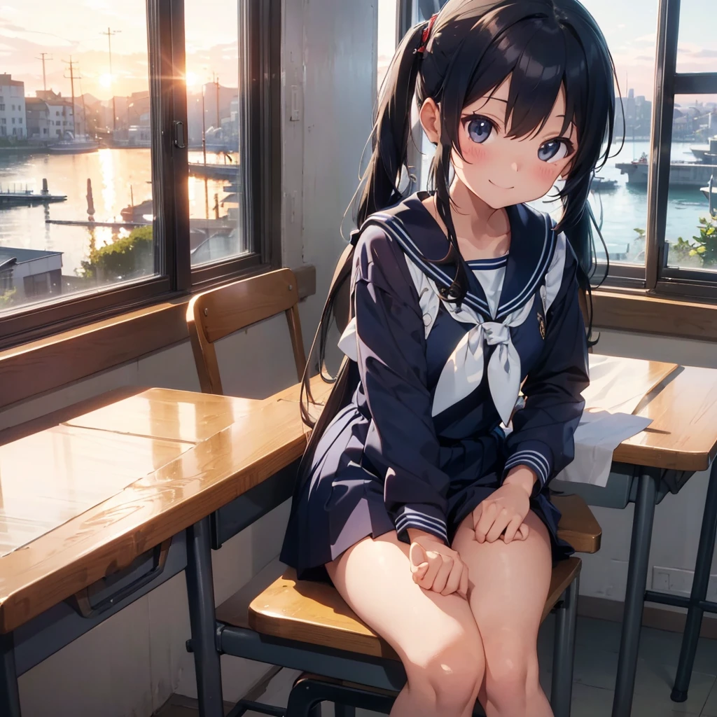 Highest quality, Very detailed, masterpiece, One Girl, Sit on a chair, talk, Smile, yo, (low twintails:1.2), Low Pigtails, Black Hair, Long Hair, (Navy blue sailor suit:1.4), Blue ribbon, Long sleeve, School desk, School Chair, classroom, from the front, window, Schoolyard, distant cityscape, A town with hills, Very far away sea, sunset, anime, Focus on the face