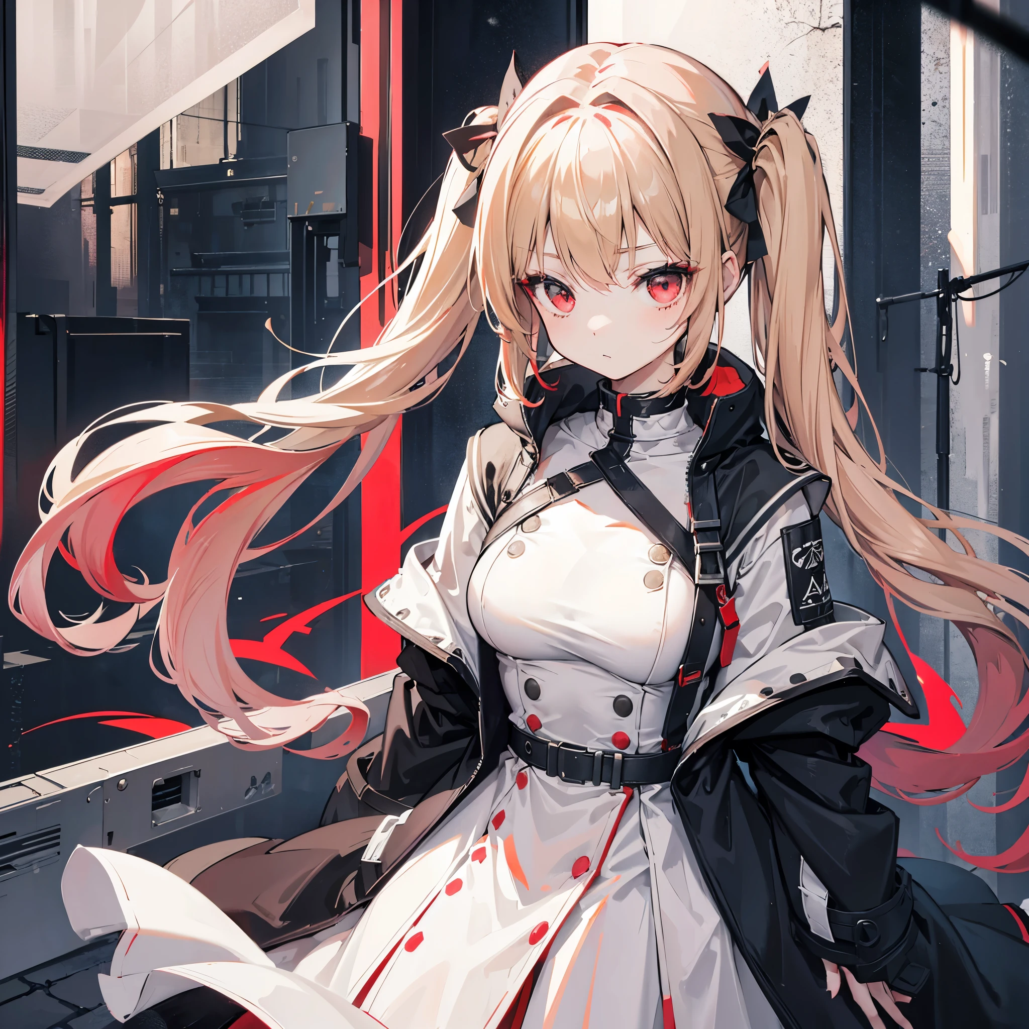 One girl、Hair colorbeige、Red eyes、Twin tails、Long Hair、Monochrome clothes、Large coat、ruins、Simple background、Light、Firearms