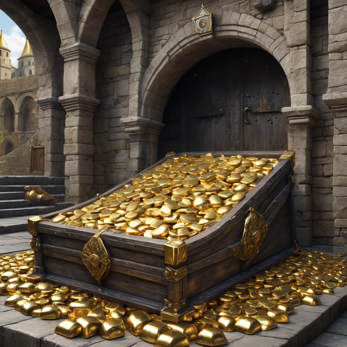 ((best quality)), ((masterpiece)), ((realistic,digital art)), (hyper detailed), (vault with gold ingots), ground view, (medieval fantasy style)