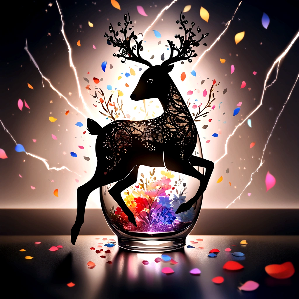 Large Glass Vase with Jumping Tiny Deer, Fur and antlers made of colorful petals, intricately detailed, Light reflections, bright lighting, volumetric lightning, greyish background, keen focus, award-winning photograph