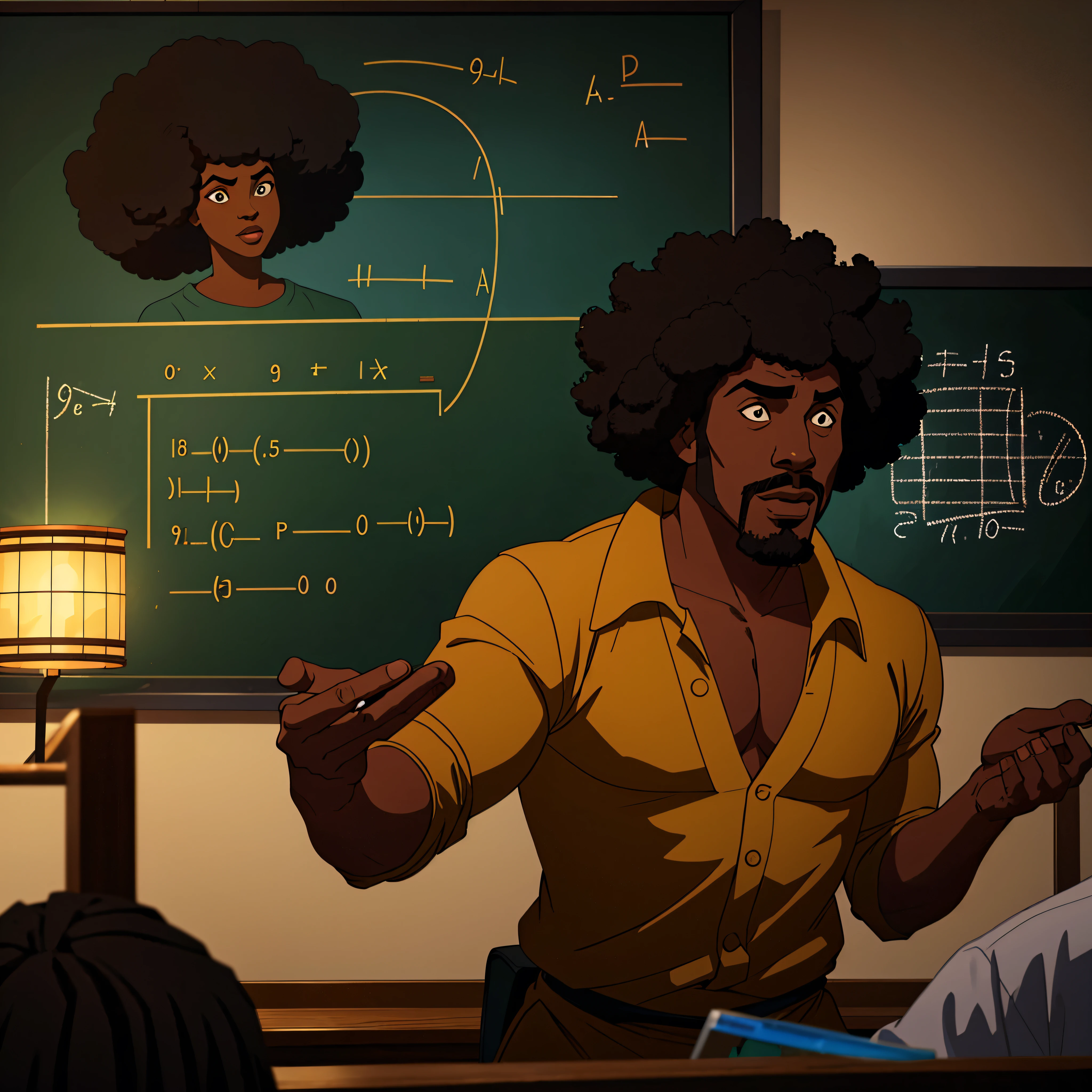 1970s, african-american male scientist solving mathematical equations written on a chalkboard, he has an afro and goatee, classroom, cinematic action, atmospheric perspective, depth of field, textured skin, super detail, 