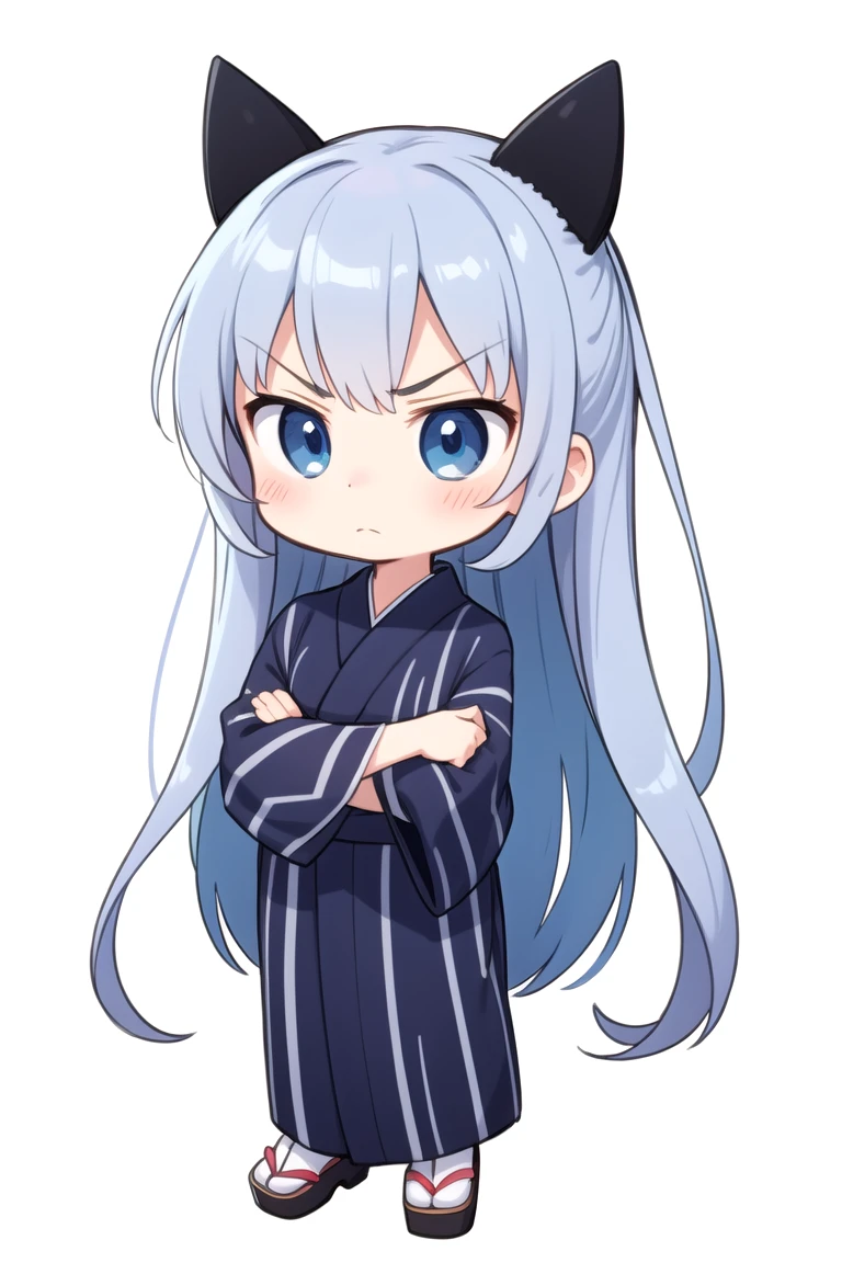 chibi, line drawing, no color, Black distinct lines on a white background, solo, full body, cute, (highest quality), long hair, annoyed, yukata, crossed arms, white background, (masterpiece)