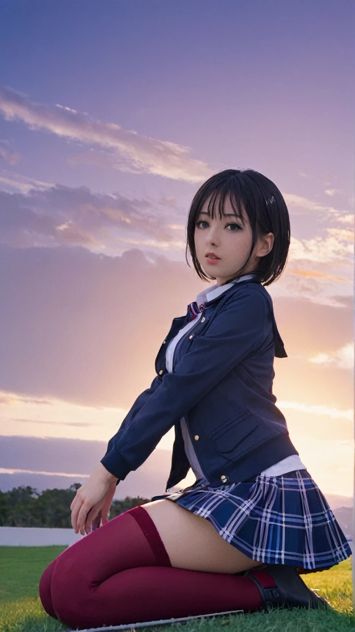 1girl, nakiri erina, kneeling, thighhighs, navy thighhighs, jacket, plaid skirt, hands on breasts, outdoors, anime_screencap_erina