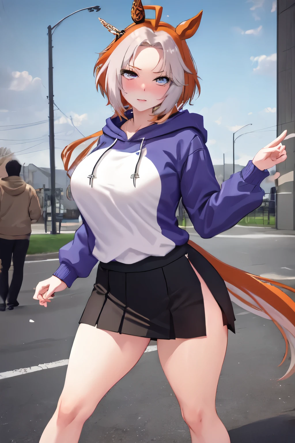 masterpiece, Highest quality, 1 person,( Are standing, View your viewers),Detailed Background、A person who writes in detail、Accurate human body、Knowledgeable person、Accurate 5 fingers, woman,Thick thighs,Curvy body,alone, orfevre\(umamusume\),black short skirt,TranT, netorare, chikan, grabbing, hetero, pussy juices, molestation, public indecency, public use,faceless male fingering, 2boys, faceless male, assisted exposure,ahegao,Oversized hoodie