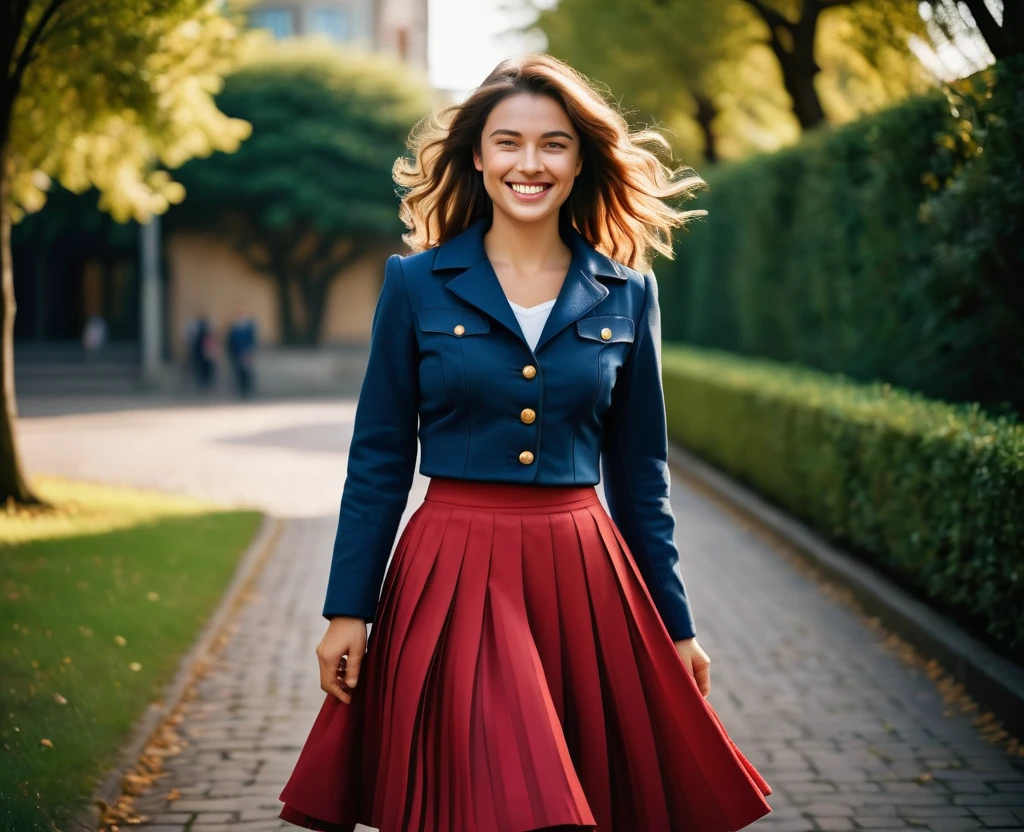 A smiling, authentic, (shy:1,3), kind, beautiful woman, and meis passionately in love with her skirt, wind wildly lifts her skirt, wearing uniform jacket and very, very detailed (long (fully pleated) full circle skirt) and (low heeled court shoes), very, very intricate hyper-detailed symmetric (attractive graceful young feminine face) with (sad, tired eyes and a loving smile), very voluptuous breasts, full of empathy and compassion and love, (pronounced (feminine) features), (highly detailed ultra accurate realistic) hands and fingers, (windy), epic composition, highly detailed attributes, (35mm f1.4 Kodak portra 400 photograph), extremely high quality RAW photograph, highly detailed atmosphere, sci-fi, cinematic shot, dynamic lighting, 75mm, Technicolor, Panavision, cinemascope, sharp focus, fine details, 8k, HDR, realism, realistic, key visual, film still, superb cinematic color grading, depth of field