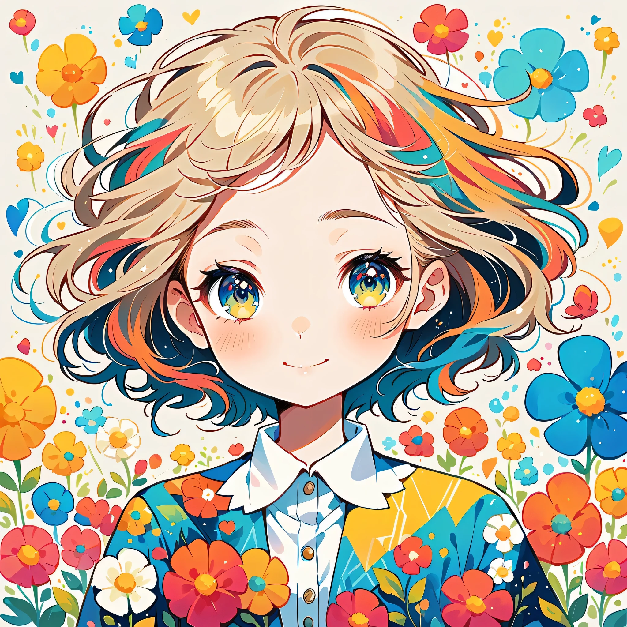 Mika Pikazo style, Simple Line Initialism,Abstract art,Urban Background, colorful hearts ,colorful flowers, (((The most beautiful girl of all time))),happy face