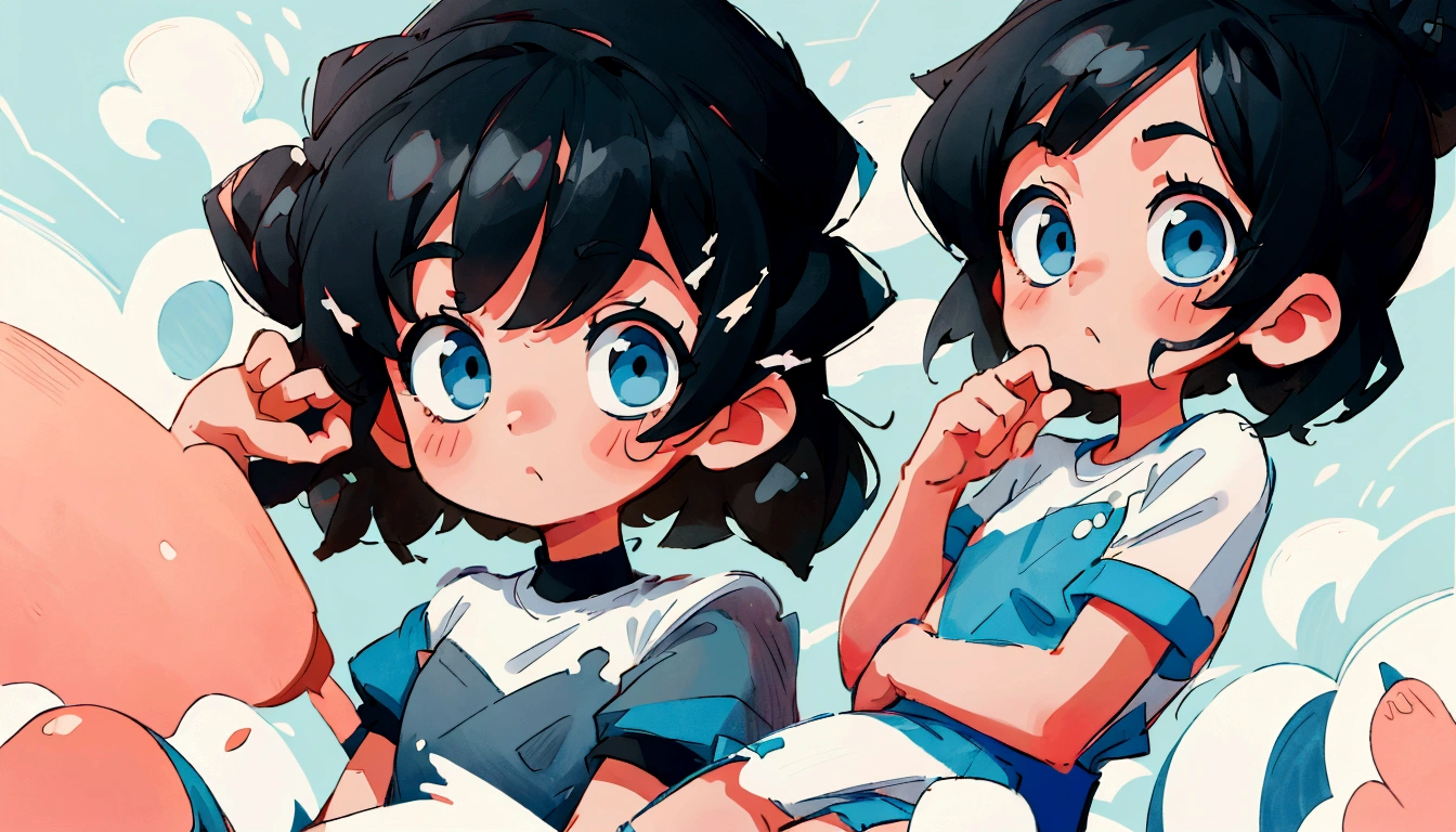 three cute little girls with black hair, Sit next to the little shop，wearing a blank t-shirt,One standing, two sitting nearby，looking at the viewer, close up, upper body of the character, abstract,hand-drawn illustration,minimalist graphic, line art,monochrome, bold outline, bold strokes, line drawing minimalism, in the style of wnwnmemo, only use blue,white background