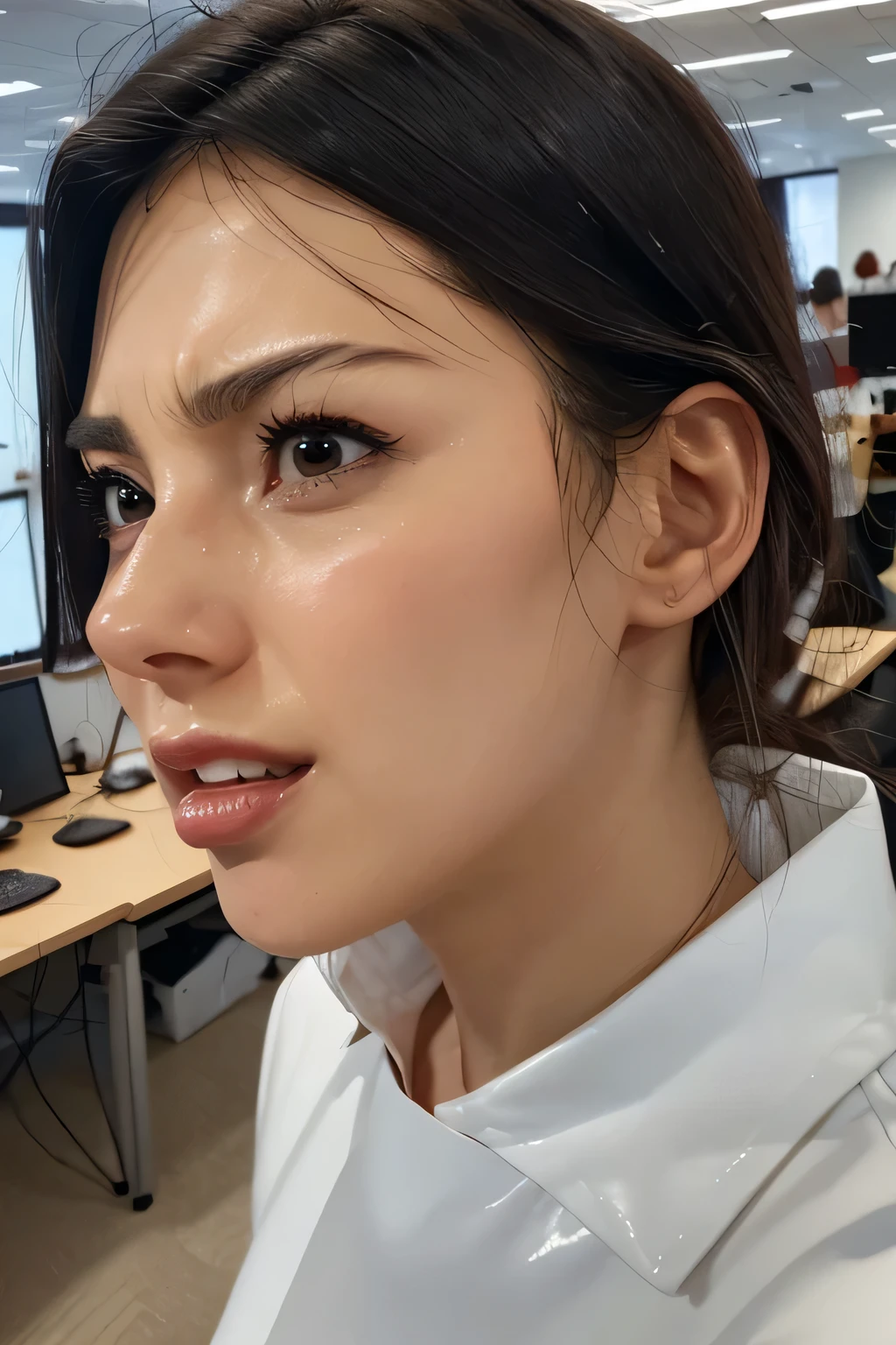 1 Girl,flying debris,,Award-winning photo, Very detailed, Edge Orgasm,Face Focus, (Open your mouth ), 30 years old、Black Hair、Shiny skin,From below、Realistic nostrils、Long and narrow nasal cavity,、Glass-walled office、(Modern interior office)、congestion、Are standing、((suit))、Big Breasts、(Sharp Nose)Frowning performance:1.4, concept,teeth,performance,facial performances,Frowning,Lift your head、very intense orgasm,frown,hyper realistic detail shiny skin,highly detailed ski,pores,real skin,