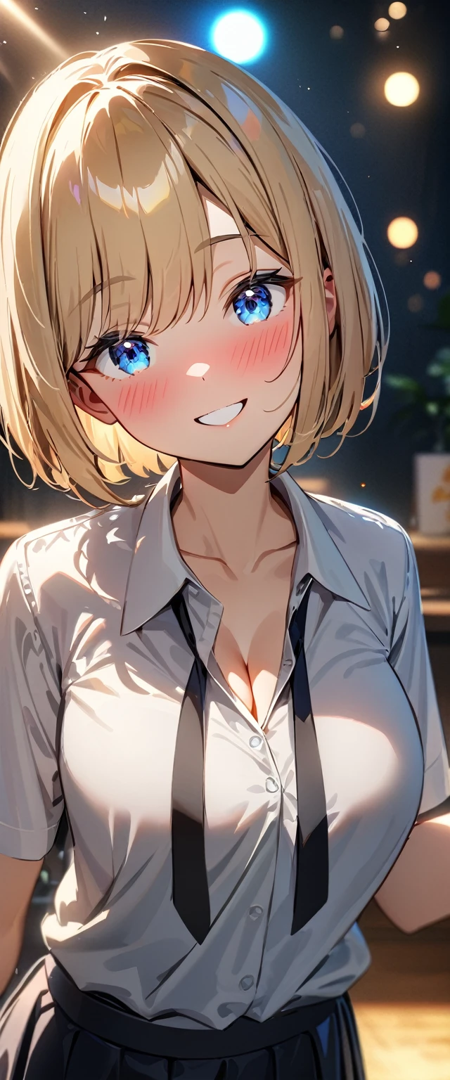(((One girl))), blond hair, bob cut, (cowboy shot), (looking at viewer), breasts, teenager, head tilt:1.3, (((blue eye))), ((happy smile)), ((full face blush)), school summer uniform, white shirts, black tie, black skirt, cleavage, anime style, (best quality, 4k, 8k, highres, masterpiece:1.2, ultra-detailed, ultra-detailed eyes, HDR, UHD, studio lighting, ultra-fine painting, sharp focus, physically-based rendering, extreme detail description, professional, vivid colors, bokeh)