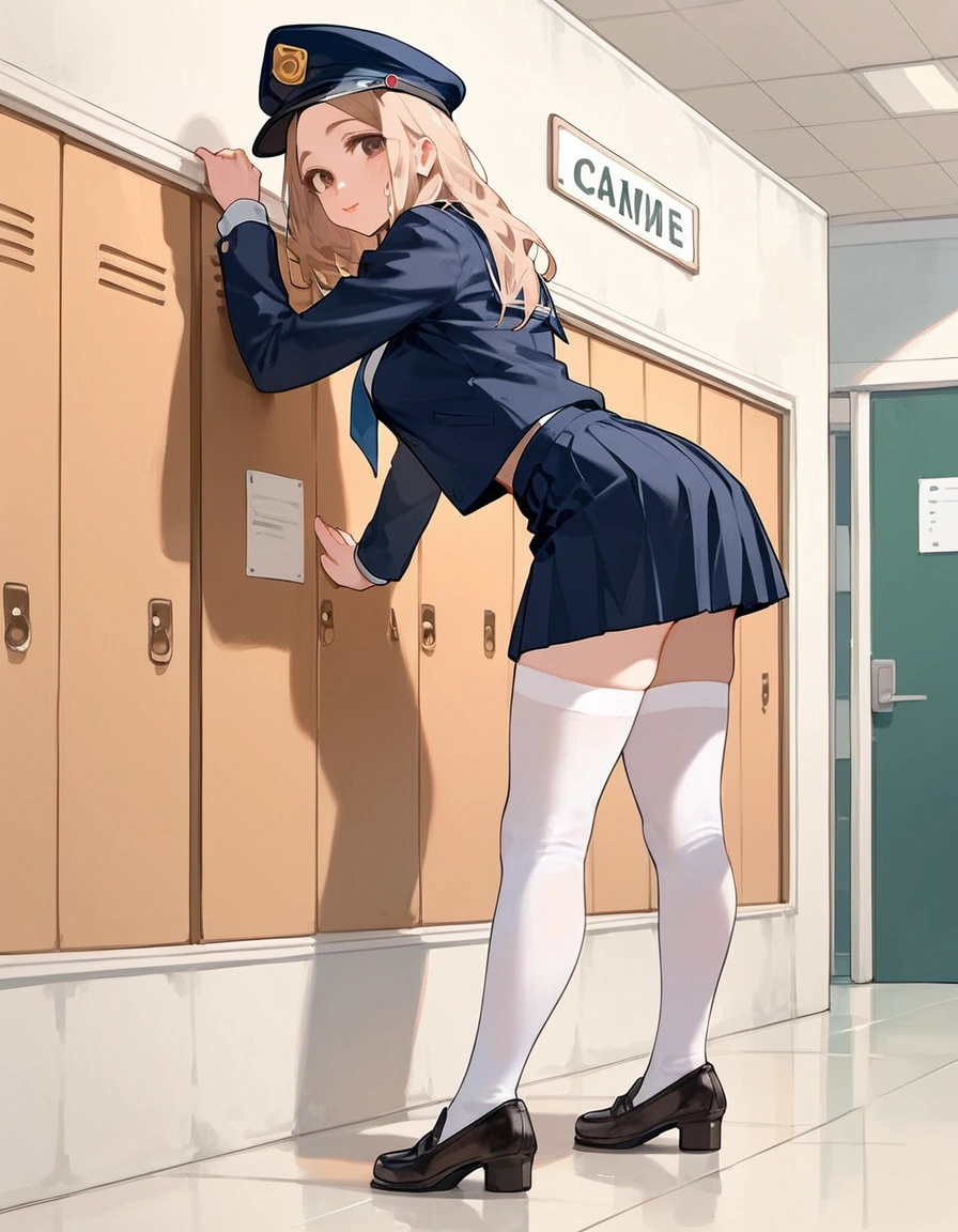 anime artwork, score_9, score_8_up, score_7_up, score_6_up, score_5_up, score_4_up, r,Camie Utsushimi, light brown hair, dark brown eyes,, breasts, , big breasts, at school, (school uniform:1.2), , cap, she is 24 years old, , rating explitic, wet whirt, ,horny, , , white stockings, shoes,,style_3, text on board, standing, The boy presses her against the wall