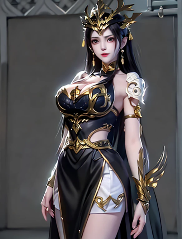 Excellent, masterpiece, Black Hair,black and gold， 黑skirt, , whole body, (((Full and soft breasts,)))(((Huge breasts))) (((Cleavage))) Black long hair, White skin, spread, Black gold theme, skirt, conservative skirt，Gold Armor，scapula，Waist armor，Metal armor gloves，Hand Blade，Gold headdress。