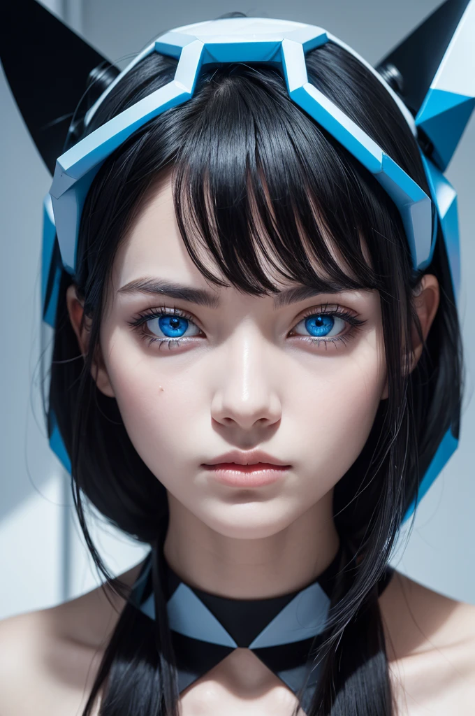 Woman with hexagonal face, Bblack hair, white skin and blue eyes