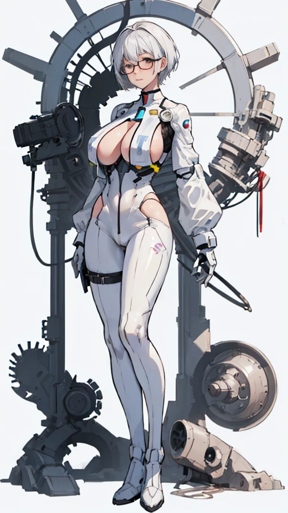 (one anime girl, glasses, white short hair, huge breasts, white futuristic suit, watching on viewer, in a shy pose), ((white background)),(((in full growth,full body)))