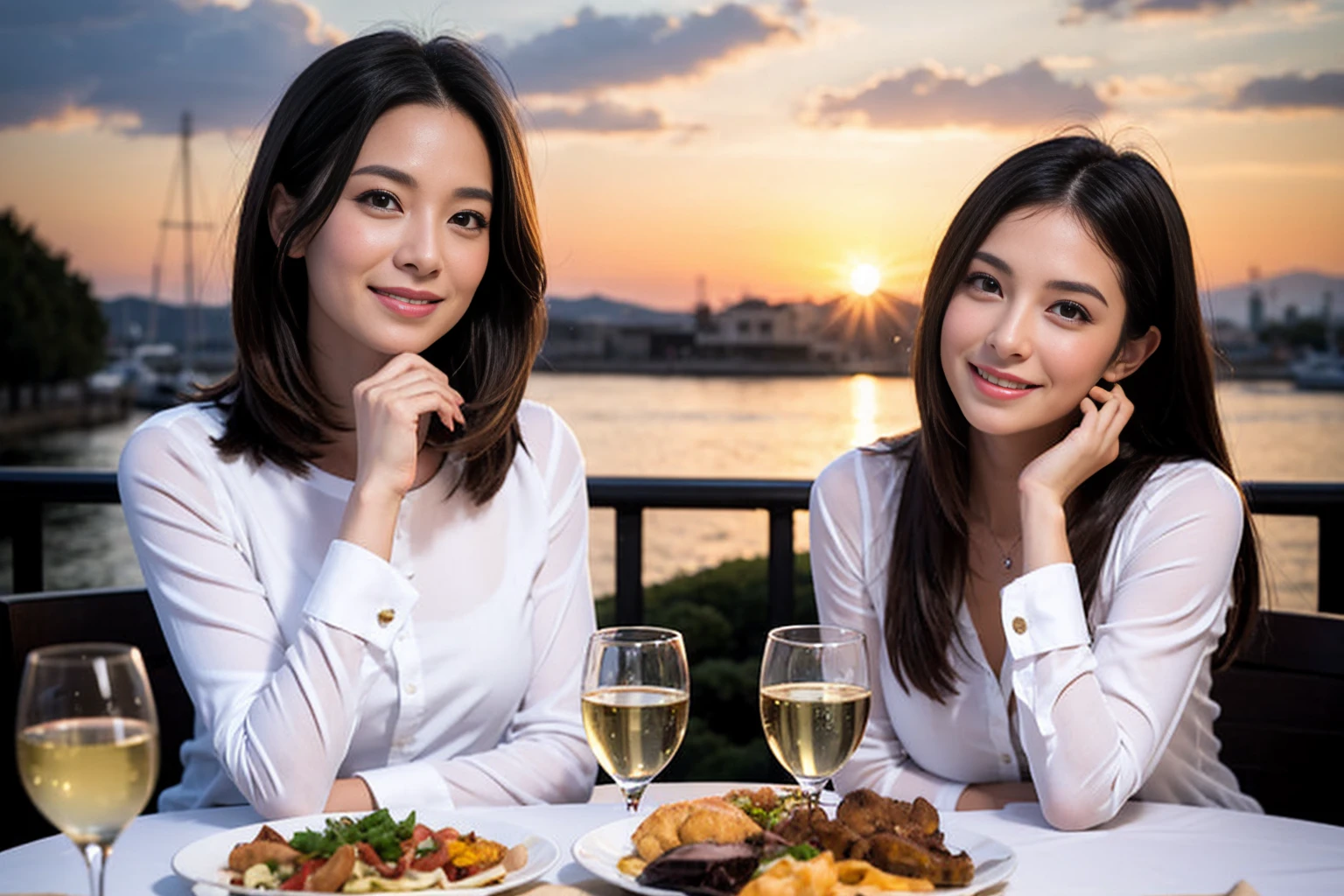 ((Highest quality、、masterpiece:1.3))、1 male、1 female、spouse、Beautiful couple、smile、full-course dinner、 (Slim face), (the body is スリム), (Brown Hair), (Shortcuts), ((Bob Hale、Straight hair:1.2)), テーブルの上のwine glass、Put the light on your face、 Amazing view of the sunset sky and clouds、smileの美しさ、Bright image、Blushing, Shortcuts, (43 years old), 39 years old, Appetizers、Italian food、Wine bottle、Champagne、sparkling wine、Long sleeve shirt、dress、Attractive beauty、restaurant, Nova Frog Style, actress, model, Upper Body, White wine, red wine, wine glass,