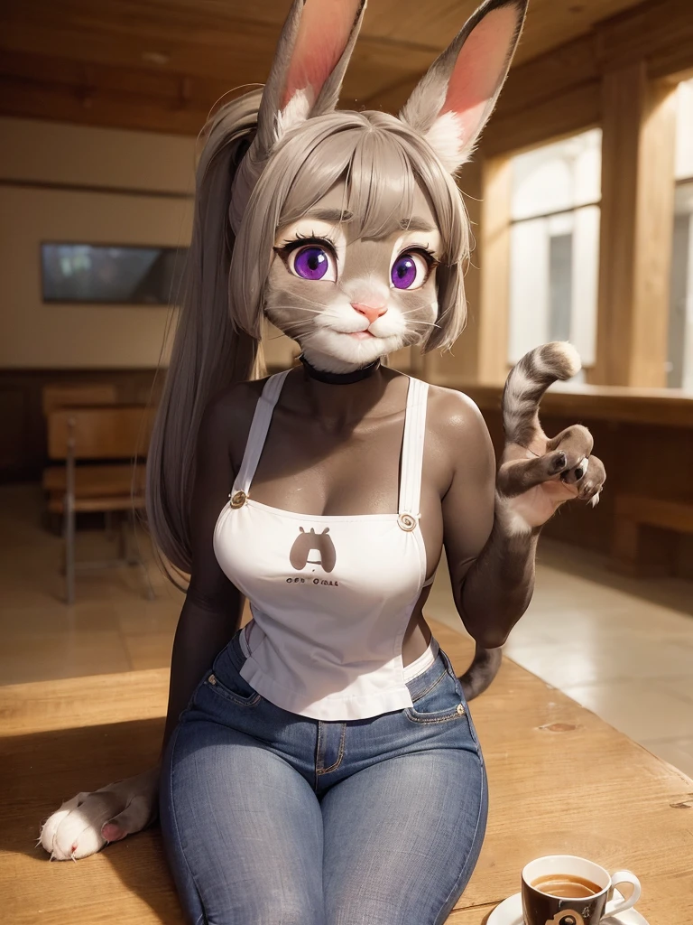 Highest quality, masterpiece, Ultra-realistic, Super detailed, Beautiful details, 4K, 8K, upper, Photo realistic, Realistic lighting.

medium Shot,
((Background is cafe)),

((Anthropomorphic cat)),
((woman body)),
((7heads tall)),
(Cat woman)),
Detailed animals,
Complex patterns,
(Furry:1.35),
(All skin is grey:1.3),
(The body is fluffy and bushy:1.3),
Realistic fur,

Human hand,
BREAK.

(((Judy Hopps face))), 
((Aoki Reika facial expression)), 
((ponytail)), 
((see-through bangs)), bangs, 
((dark brown hair color)), 
Purple eyes, 
{Eye highlights, Clear eyes, Eyes sparkling, round pupils}, 
Detailed Iris, 
(Eyebrows raised:1.2), 
(Crescent eyebrows:1.3), 
(cat ears:1.3), 
raised corners of mouth.

BREAK.

The lady is wearing White T-shirt 
The lady is wearing brown apron.
The apron is over her knees.
The lady is wearing jeans underneath. 

BREAK.

(solo:1.5), (1girl:1.5), Only 1 character. 

Perfect Anatomy. 

Lighting front, Lighting forward, Intricate details, Ray Tracing, Realistic, 