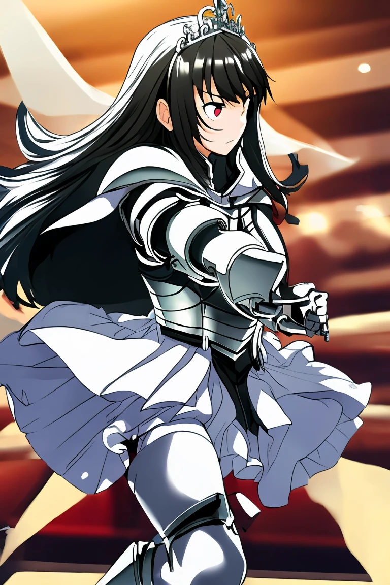 female knight armor Black Hair tiara Shortcuts sword Torn white skirt Torn white tights battlefield