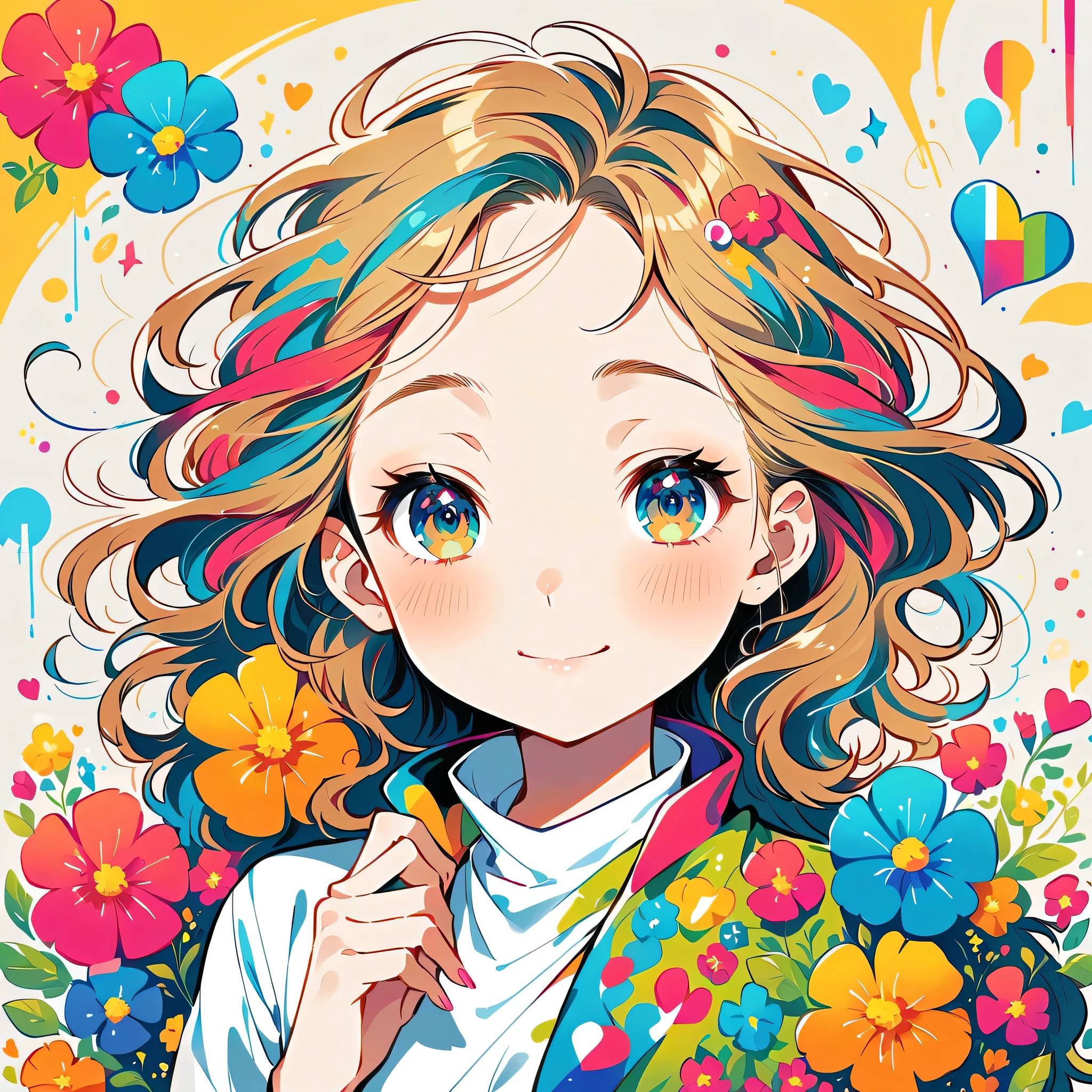 Mika Pikazo style, Simple Line Initialism,Abstract art,Urban Background, colorful hearts ,colorful flowers, (((The most beautiful girl of all time))),happy face