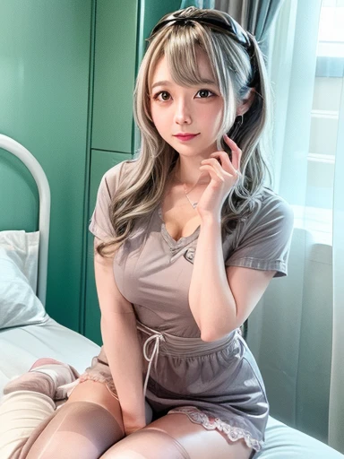 8K, RAW Photos, Fujifilm, Beautiful 20 year old woman style photo, (((Gray Hair:1.3,美しいGray Hairのストレートヘアー、シルキーなGray Hair)))、nurse, pink, ((White legwear, zettai ryouiki)), White gloves,Gold earrings, (Highly detailed skin: 1.2), Light medium brown hair, Film Grain, 35mm, Cute Style、On the bed、Hospital room