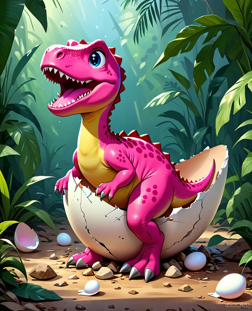 Interesting illustrations:Pink little dinosaur in a broken eggshell,Lovely,Cretaceous Period