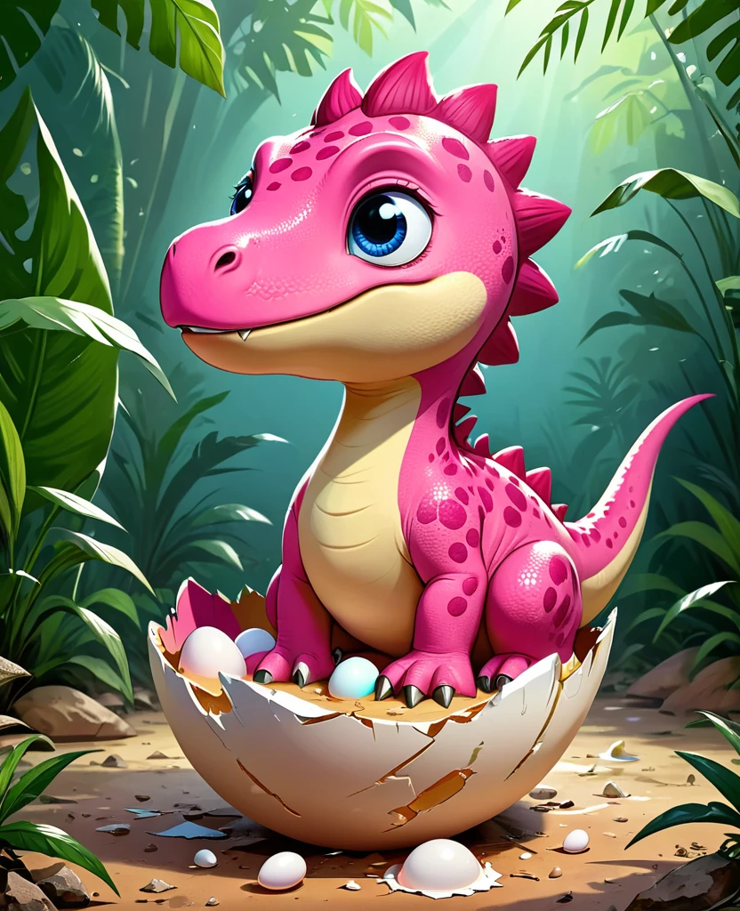 Interesting illustrations：Pink little dinosaur in a broken eggshell，Lovely，Cretaceous Period