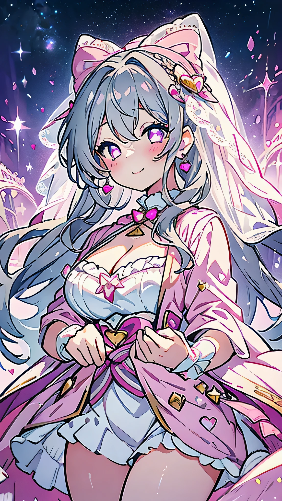 Masterpiece、Highest quality、Super detailed、1 girl、Big Tits、Cleavage、Gray Hair、Fluffy and soft long hair、Pink eyes、Heart Pupil、music、Lace cape、underwear、Ruffles and ribbons、Sparkling starry sky、Sprinkled with stars and crystals、smile、Pink Lipstick、Earrings、Lace veil