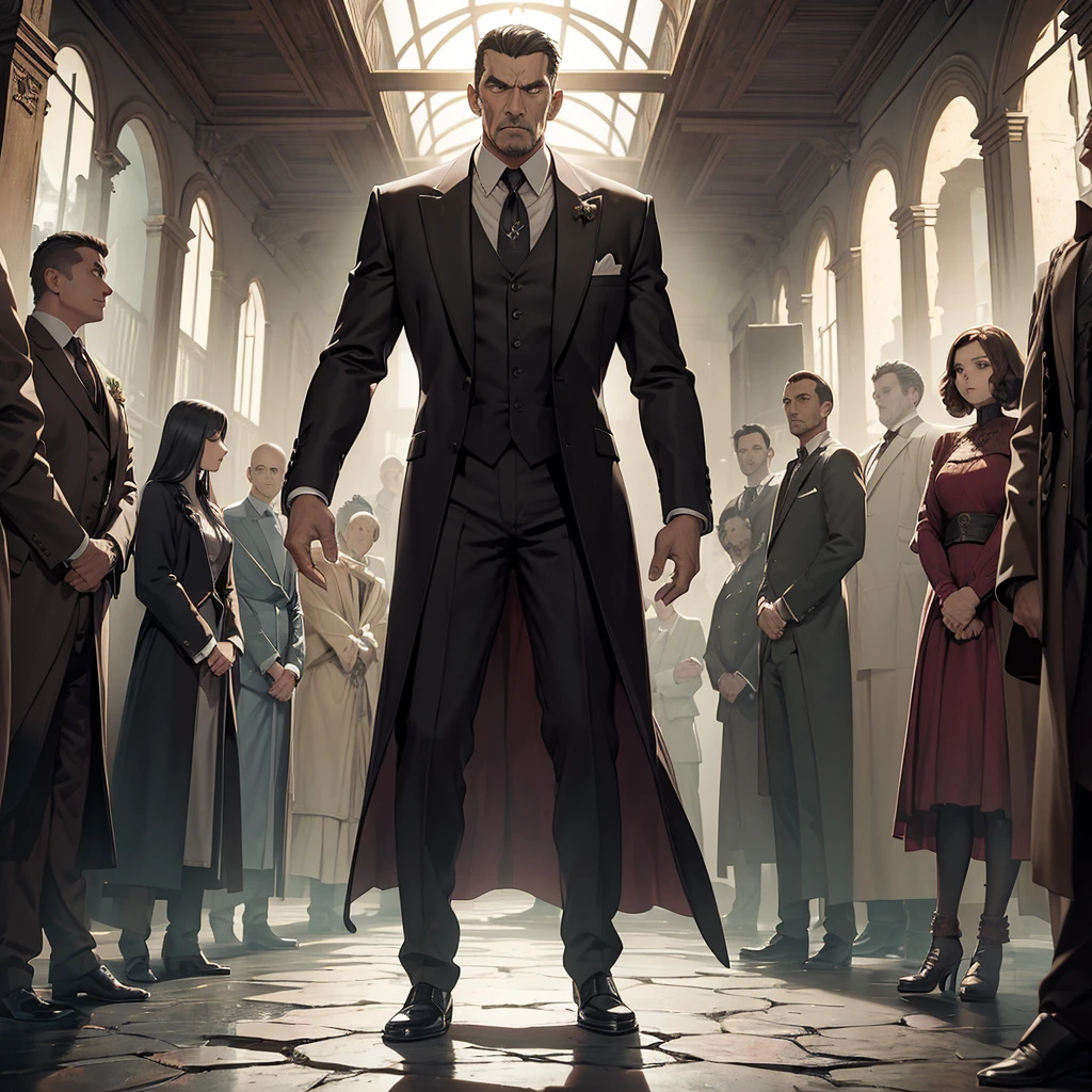 (masterpiece、top-quality、hight resolution、Unity 8k Wallpaper、extremely details CG:1), In a dramatically lit room with an eerie and old-fashioned ambiance, the main cast of the B-movie stands together. The protagonist, a rugged and determined explorer, stands at the center, looking confident. To his side, the heroine, a poised and knowledgeable descendant of the haunted mansion's original family, stands with a serious expression. Behind them, the fearsome enemy, a monstrous figure of a long-missing criminal, looms ominously. The skeletal butler, dressed in a grand suit, stands respectfully to the side, while the advisor, partially embedded in a wall with only his head and arm free, offers a supportive gaze. The entire group is posed with a sense of unity and readiness for the supernatural adventure ahead.