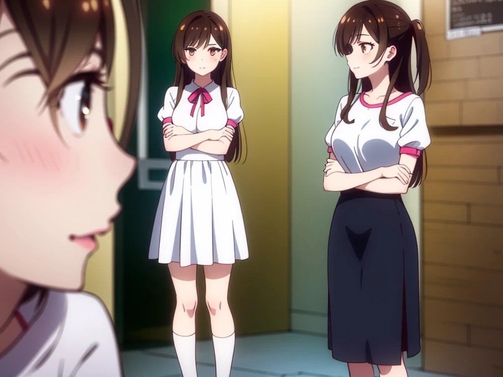 mizuharachizuru, chizuru ichinose, ((long hair)), bangs, brown hair, (brown eyes:1.5), one side up, smile, (clonealike:2), 5+girls, multiple identical girls, large breasts, thighs, shiny legs, 
BREAK skirt, shirt, short sleeves, puffy sleeves, puffy short sleeves, white skirt, white short, pink shirt, white low socks, brown low shoes, 
BREAK indoors, boutique outlet shop, crowd, people,
BREAK asking for bikini swimsuit clothes prices with the clerk, (cowboy shot:1.5),
BREAK (masterpiece:1.2), best quality, high resolution, unity 8k wallpaper, (illustration:0.8), (beautiful detailed eyes:1.6), extremely detailed face, perfect lighting, extremely detailed CG, (perfect hands, perfect anatomy), seductive appearance and posture, ((full body)), ((standing)), profile, crossed arms under breasts 