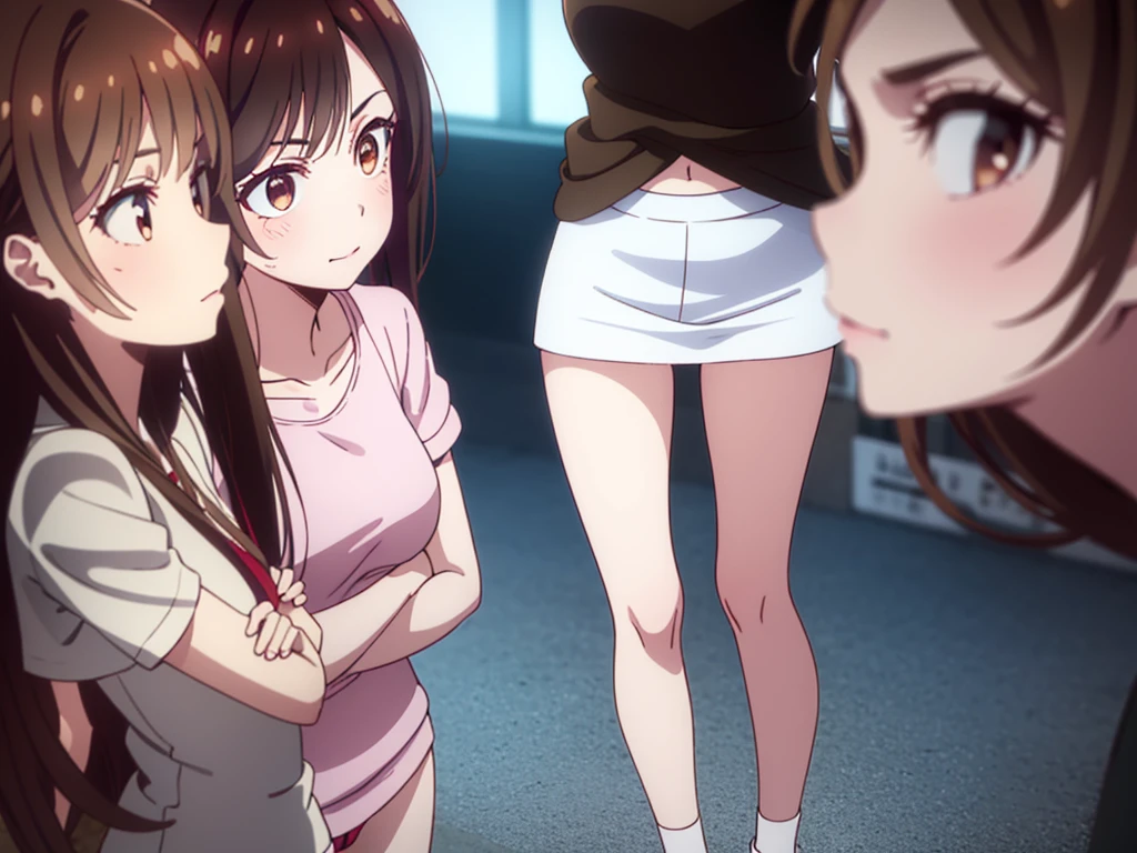 mizuharachizuru, chizuru ichinose, ((long hair)), bangs, brown hair, (brown eyes:1.5), one side up, smile, (clonealike:2), 5+girls, multiple identical girls, large breasts, thighs, shiny legs,
BREAK skirt, shirt, short sleeves, puffy sleeves, puffy short sleeves, white skirt, white short, pink shirt, white low socks, brown low shoes,
BREAK indoors, boutique outlet shop, crowd, people,
BREAK asking for bikini swimsuit clothes prices with the clerk, (cowboy shot:1.5),
BREAK (masterpiece:1.2), best quality, high resolution, unity 8k wallpaper, (illustration:0.8), (beautiful detailed eyes:1.6), extremely detailed face, perfect lighting, extremely detailed CG, (perfect hands, perfect anatomy), seductive appearance and posture, ((full body)), ((standing)), profile, crossed arms under breasts