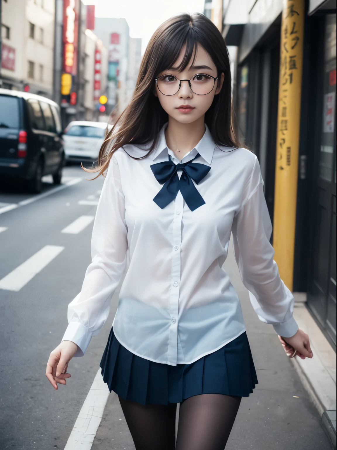 (8K、生photograph、Highest quality、masterpiece:1.2),(Small breasts)、(Small breasts)、(Small breasts)、(Small breasts)、Look straight ahead、pupil,De Pere Blanca,(Black Pantyhose),Small face、Chest is petanko,前hairを真ん中から分ける,The forehead is visible,(business,Glare,strong,Are thin,Irritation)、masterpiece,Highest quality,Ultra-high resolution,生photograph,even,beautiful、One person,One person,Glasses,,Strong face、丸Glasses、cute、JK、high school girl、Japanese women、Are standing、(PhotoReactive:1.37)、Photon Mapping、Light blue ribbon、Real、cute小さな顔、Brown eyes、Black socks、(Red bow tie)、Radio City、Physically Based Rendering、Prospect、Character boundary depth、Blurred Background、photograph、girl、body、Beautiful feet、Long legs、Thin legs、(前hairが見える)、hair、lips、blue_The目、Soft Nose、(Light blue shirt)、Navy and blue white pattern pleated skirt、I can see your knees、See-through clothing、Thighs、black cotton socks、Nogizaka Idol、、Japan Ido