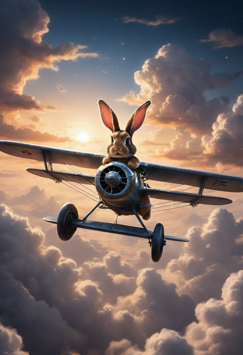 Rabbit pilots an old plane,(aircraft,aircraft) Designs,Smart mechanics,Flying Machines,Driving skills,Mysterious clouds,expression of surprise, incredible views,Not available, in the sky,legend, aerodrome,stars, illuminating the night sky, joystick,Propeller sounds,Fly free,adventures,terraced,High Mountains,Brave Rabbit,Amazing sunset,Fly as much as you want,Through the clouds,Adventurous spirit,Shocking Scene,spreading its wings,Huge starry sky,A fusion of tradition and modernity.