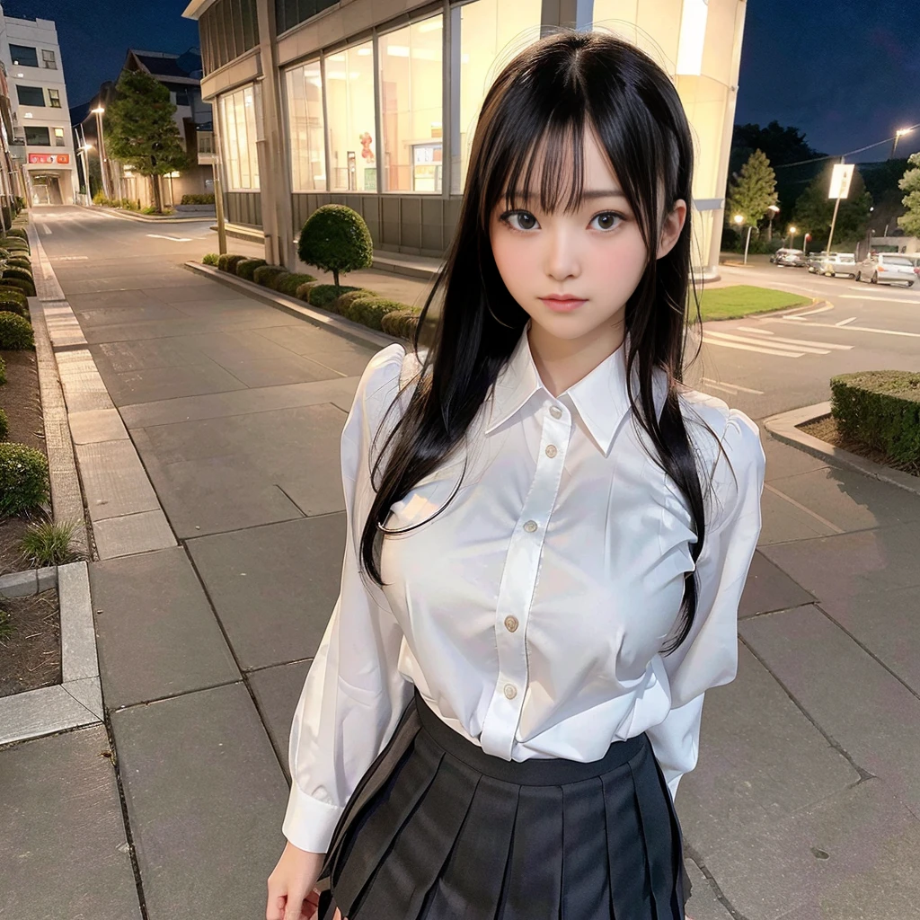 masterpiece, Highest quality, Realistic, RAW Photos, Digital SLR, Beautiful Japan girl at 15 years old, Glowing White Skin, Realistic and beautiful no-makeup face, Realistic and beautiful bright eyes, double eyelid, View the viewer, (Highly detailed shiny long black hair and bangs), (Disheveled hair blowing in a strong wind), Slim figure, Slim face, Slim waist, Big Breasts, Thin thighs, ((school uniform, Pleated skirt, Windy street, at night)), Realistic lighting and shadows, Very delicate and beautiful photos, Ultra-high resolution, 8k UHD wallpaper,