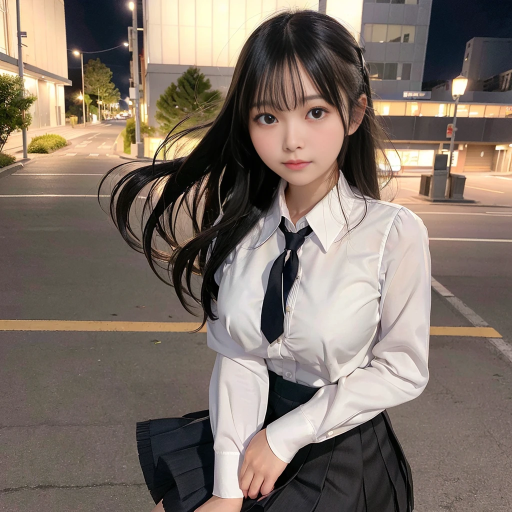 masterpiece, Highest quality, Realistic, RAW Photos, Digital SLR, Beautiful Japan girl at 15 years old, Glowing White Skin, Realistic and beautiful no-makeup face, Realistic and beautiful bright eyes, double eyelid, View the viewer, (Highly detailed shiny long black hair and bangs), (Disheveled hair blowing in a strong wind), Slim figure, Slim face, Slim waist, Big Breasts, Thin thighs, ((school uniform, Pleated skirt, Windy street, at night)), Realistic lighting and shadows, Very delicate and beautiful photos, Ultra-high resolution, 8k UHD wallpaper,