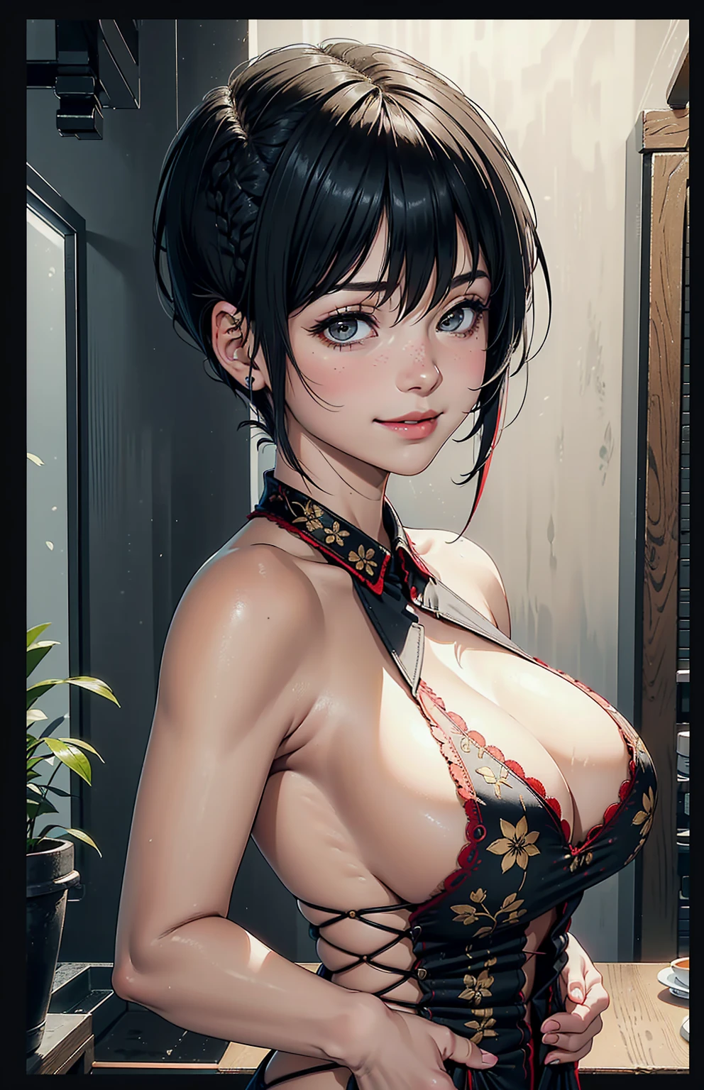 (Adult woman), (tomboy hair style:1.9),alone, masterpiece,huge breast, looking at viewer, detail eyes, (detail face:1.2), standing, (front view), (Sideless Cross-Laced China Dress), (half body shot:1.5), looking at viewer, (cleavage), red and black dress, smile, perfect breast, indoors, night