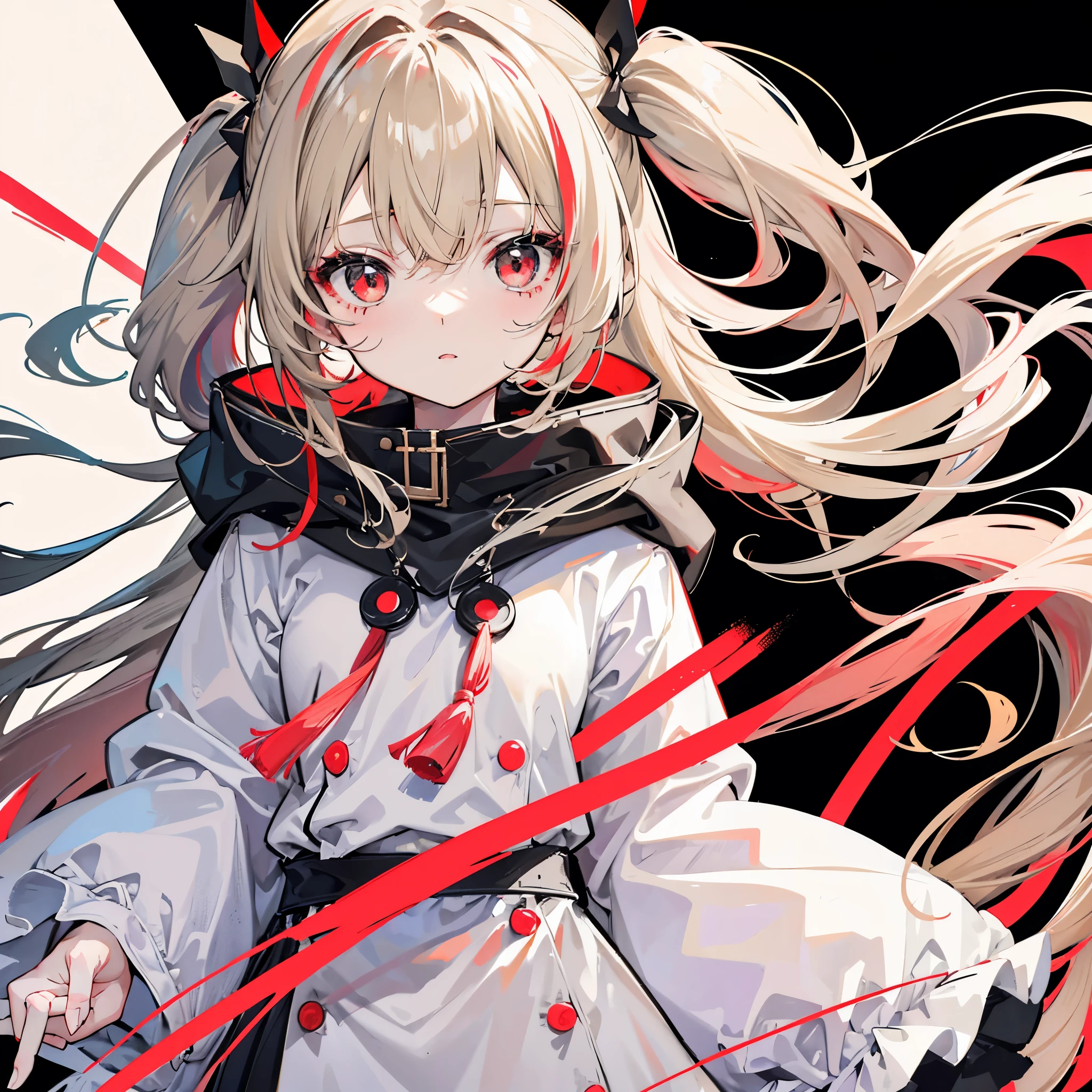 One girl、Hair colorbeige、Red eyes、Twin tails、Long Hair、Monochrome clothes、Large coat、Simple background、