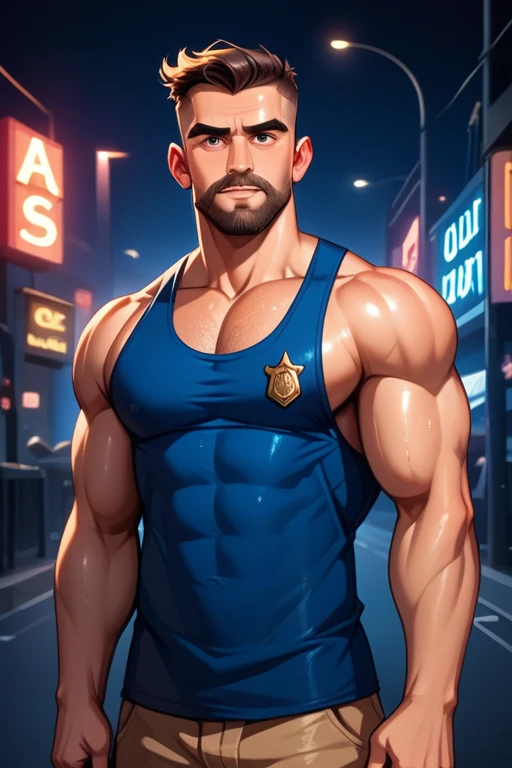 45 year old man(cobalt eyes; salt-and-pepper crew cut; epic jawline; rugged; muscular and imposing; incredible beard; masculine; round-faced, Kurt Russell), Disney-style cgi, night time neon-lit streets crime scene with police lights; futuristic; dystopian; best quality; high detail; trending on artstation; complex volumetric lighting; tank top; 80s action hero; sweaty; grimy; upper body shot; cop who plays by his own rules