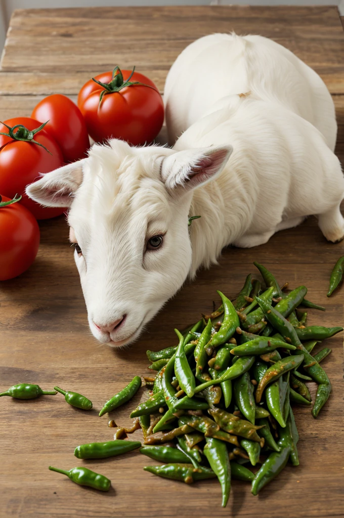 Image creat a gote made with green chilli and tomato