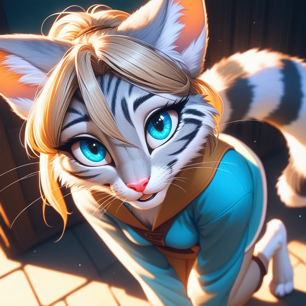 (hi res), ((masterpiece)) , ((best quality)),Solo, score_9,score_8_up,score_7_up, source_furry, Kat, Anthro furry feline girl, tall body, hourglass figure, adult female, blue eyes, silver fur, blonde hair with pony tail, (striped tail), white whiskers, pink nose, wearing simple blue long sleeve tunic, light brown fitted pants, barefoot,((She jumped with joy))