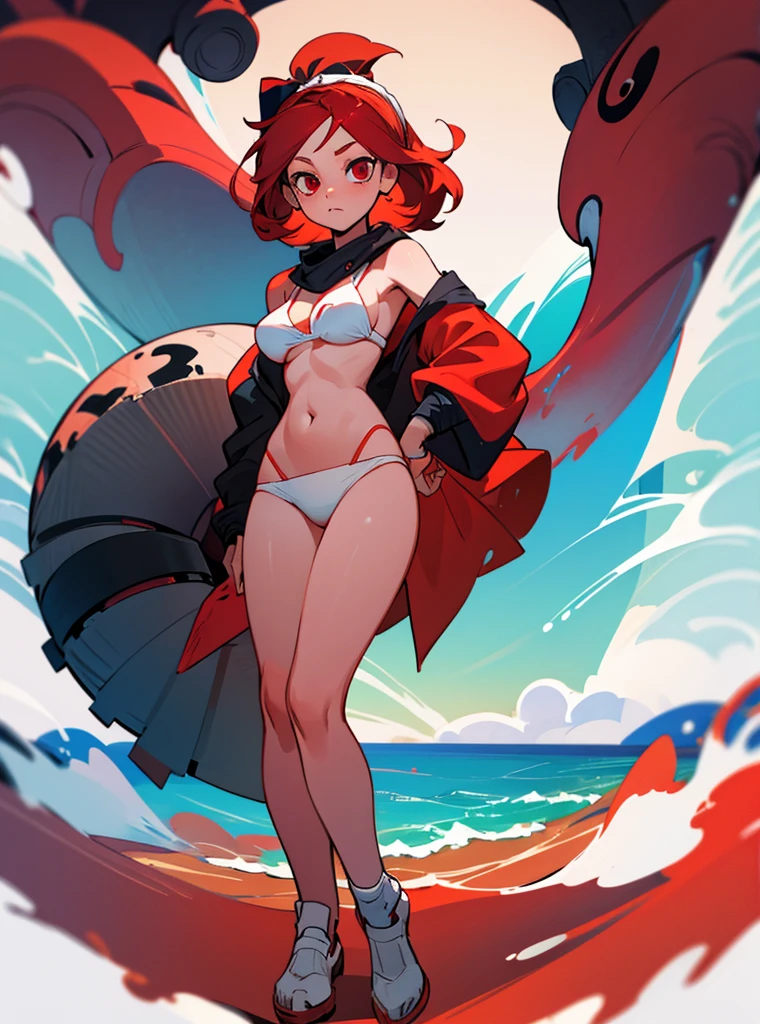 A girl red hair and short red eyes with a calm face her clothes are a sexy white bikini and black lines she wears a bandana with a swirl and full body beach wallpaper