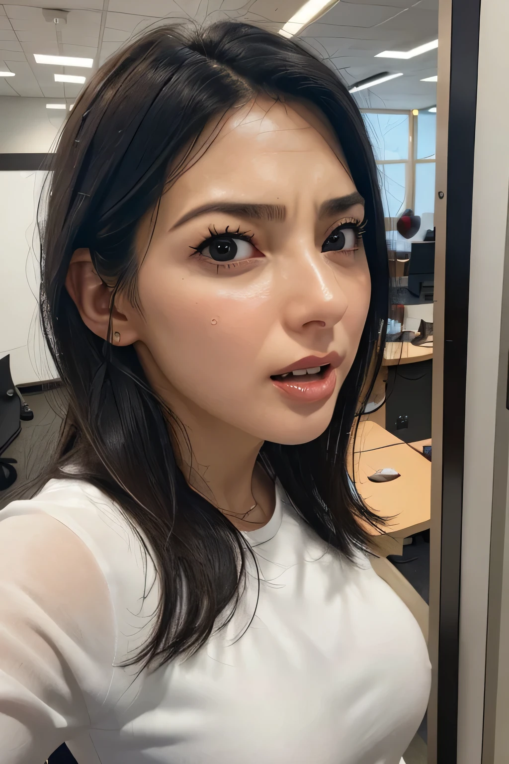 1 Girl,flying debris,,Award-winning photo, Very detailed, Edge Orgasm,Face Focus, (Open your mouth ), 30 years old、Black Hair、Shiny skin,From below、Realistic nostrils、Long and narrow nasal cavity,、Glass-walled office、(Modern interior office)、congestion、Are standing、((suit))、Big Breasts、(Sharp Nose)Frowning performance:1.4, concept,teeth,performance,facial performances,Frowning,Lift your head、very intense orgasm,frown,hyper realistic detail shiny skin,highly detailed ski,pores,real skin,