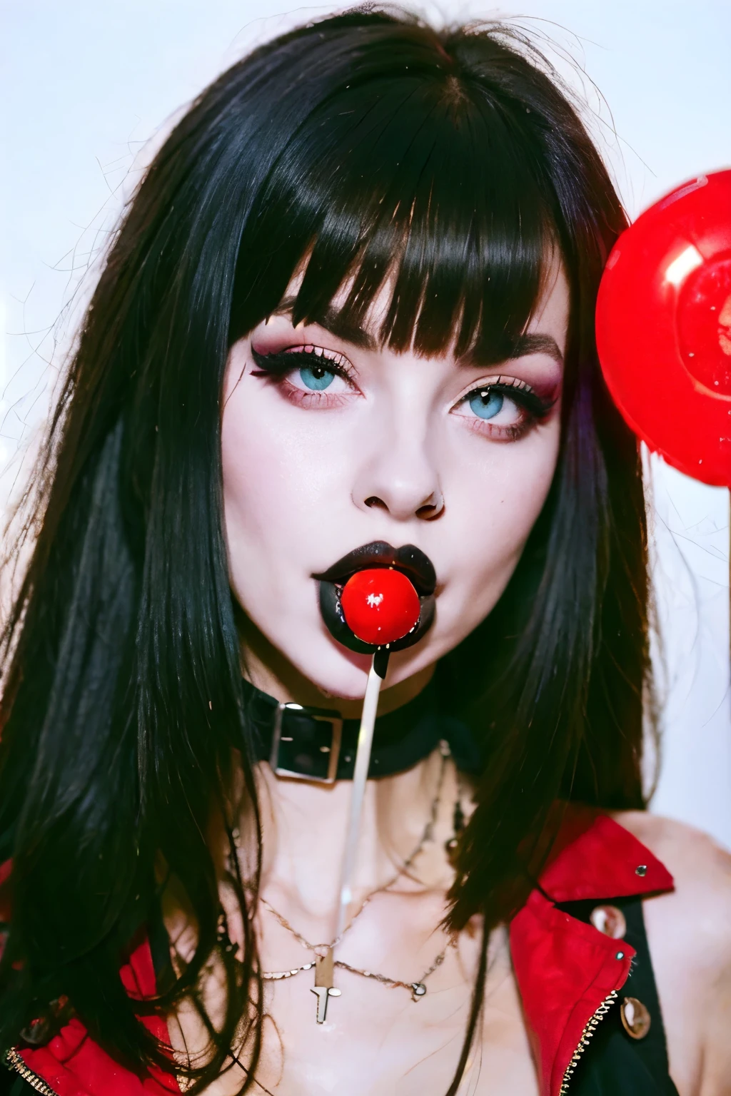 (work of art, best qualityer:1.2), 1 girl, standing alone, high qualiy raw photograph of a young (((goth girl, licking a red lollipop))) , ((cut hair with bangs)), vibrant neon colors, cool sunglasses, silhuette, gazing at viewer, praise, ultra HD, precise, texturized skin, super detaill, High details, high qualiy, high resolution, 1080P, 4K